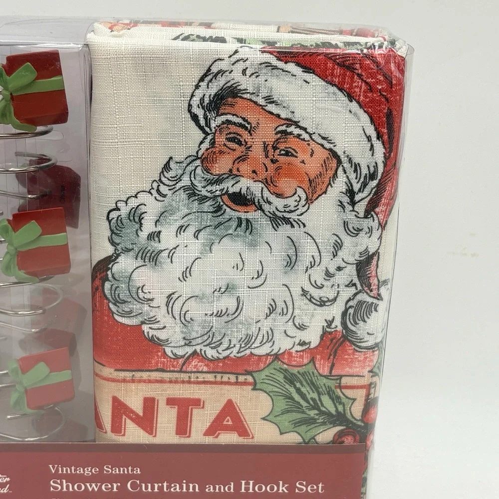 Vintage Santa Shower Curtain Hook Set 70x72 Christmas Bath Decor Gift Hooks NIP